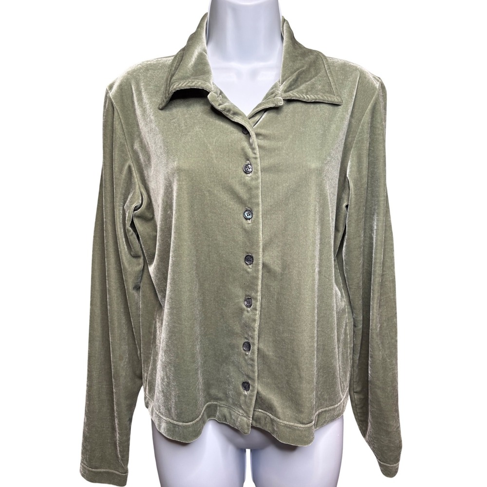 J. JILL Womens Sage Green Velvet Button Down Long Sleeve Shirt M Stretch Earthy